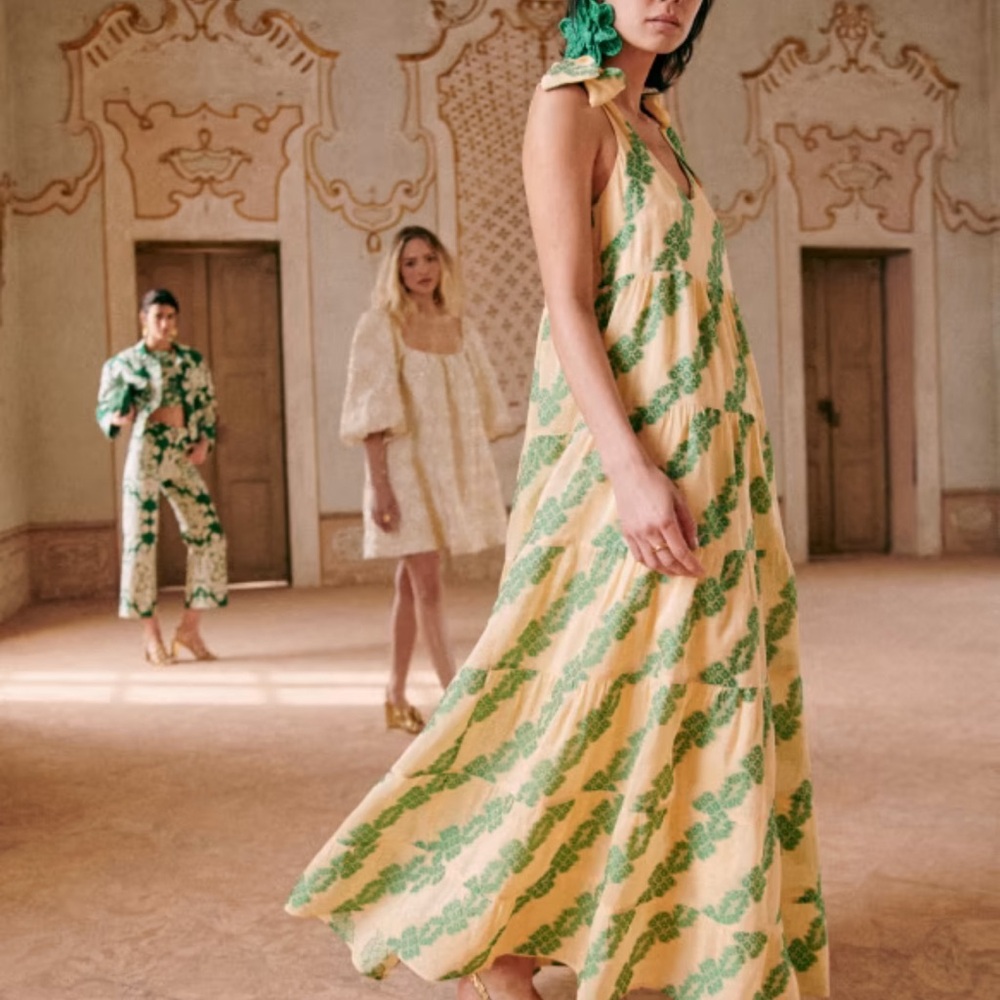 NWT Sezane Editions Robe Longue Marina Jaquard Vert Green size 6 - Picture 3 of 7